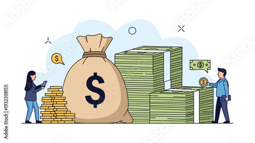 Small people standing around a giant money bag and stacks of cash representing wealth and financial success.