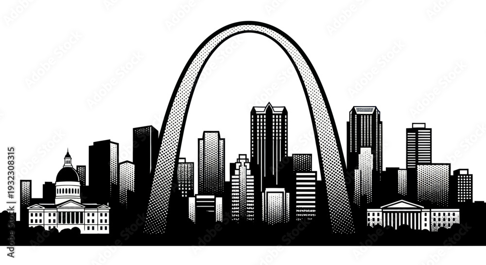 Fototapeta premium St. Louis Skyline with Gateway Arch and Buildings - Black and White Illustration