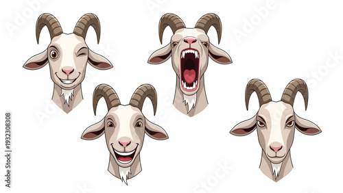Expressive Cartoon Goat Heads Set. Funny Farm Animal Faces with Various Emotions: Winking, Yelling, Laughing, Neutral
