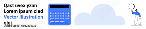 Calculator near a cloud and a person holding a balloon symbolizing creativity, data, and innovation. Ideal for finance, cloud computing, education, imagination, analytics, startups simple landing