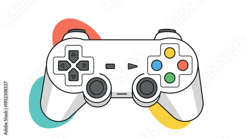 Modern video game controller with multi colored buttons and analog sticks for entertainment and gaming hobby.