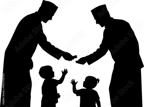 Generous silhouette of adults distributing eidi gifts to excited children capturing the spirit of charity and family bonding