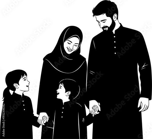 Gentle silhouette of a loving family holding hands and walking together in harmony reflecting the deep bonds of affection during an islamic festival
