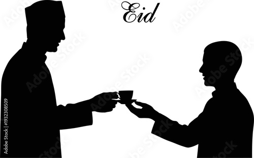 Hospitable silhouette of two men sharing a warm cup of tea during eid celebrations in a minimalist artistic style