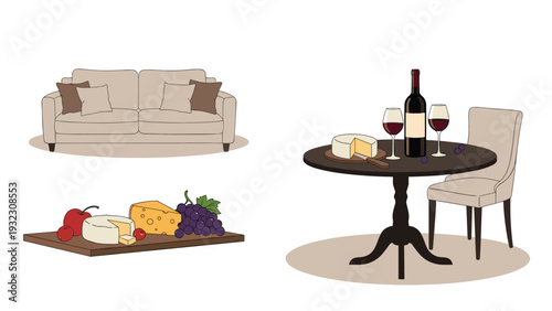 Cozy living room scene with a sofa and a table set with wine and a platter of cheese and grapes for relaxation.