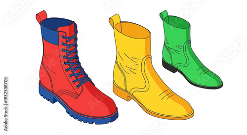 Three Colorful Boots: Red, Yellow, and Green