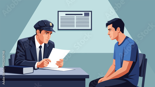Police officer in uniform interviewing a young man sitting across a desk in a interrogation room setting with documents.