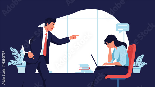 Angry male manager shouting and pointing his finger at a stressed female employee working on her laptop in an office.