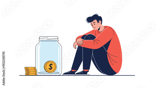 Sad young man sitting on the floor next to an almost empty glass jar containing only a single gold dollar coin.