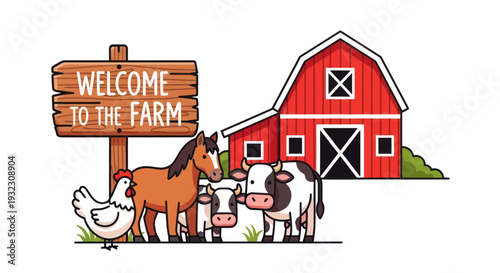 Welcome to the Farm: Barn, Animals, and Sign