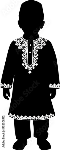 Pristine elegance of a young boy wearing an ornate traditional tunic with intricate embroidery standing proudly in a sharp vector silhouette