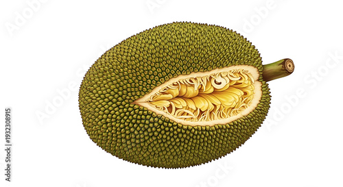 Ripe golden durian fruit cut open showing creamy flesh isolated on transparent background
