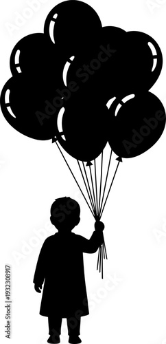 Playful silhouette of a young child holding a large bunch of balloons capturing the innocent excitement and festive spirit of a religious holiday celebration