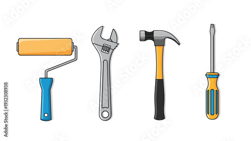 Collection of common hand tools including a paint roller, an adjustable wrench, a claw hammer, and a flathead screwdriver.