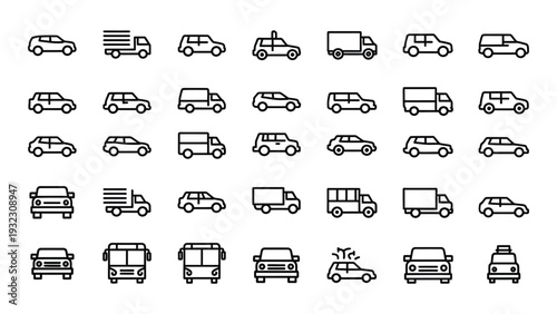 A collection of black and white icons of different vehicles isolated on white background, Vector