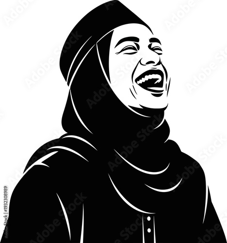 Radiant joyful muslim woman laughing heartily in traditional hijab attire expressing pure happiness graphic vector illustration