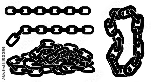 Black Metal Chain Links Isolated on White Background, Symbolizing Connection