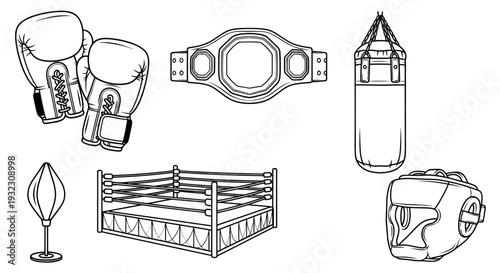 Boxing Equipment and Ring Icon Set: Gloves, Punching Bag, Champion Belt, Headgear