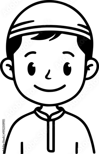 Smiling boy wearing traditional Muslim clothing and kufi cap