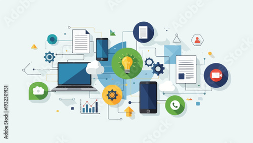 Stylized illustration of technology with documents, phones, and laptop