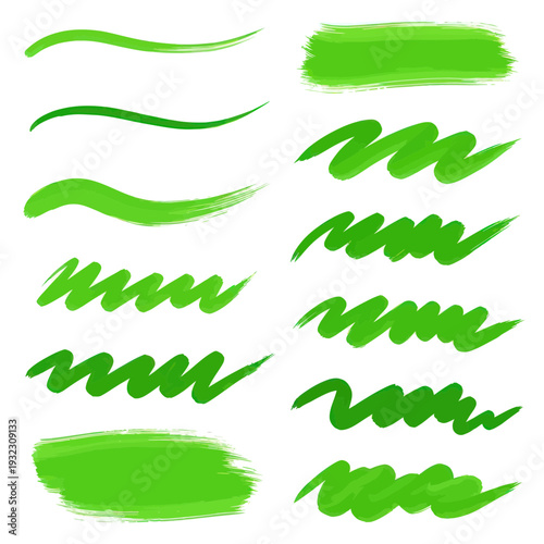Green Brush Strokes and Wavy Lines on White Background