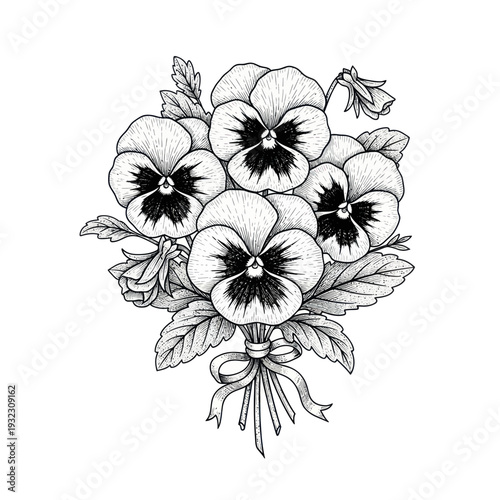 Hand-drawn bouquet of pansies, sketch, vintage botanical illustration