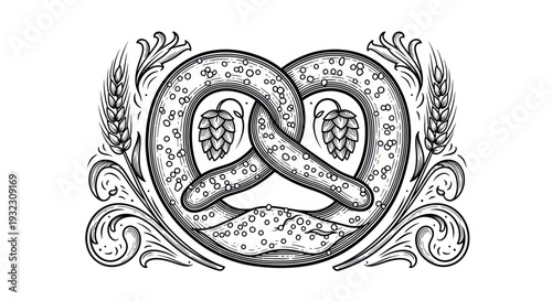 Hand-drawn pretzel with hops and wheat illustration, black and white vintage style