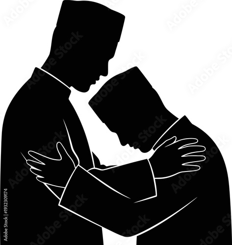 Soulful silhouette of two men embracing in a brotherly hug symbolizing forgiveness and deep friendship during a religious holiday