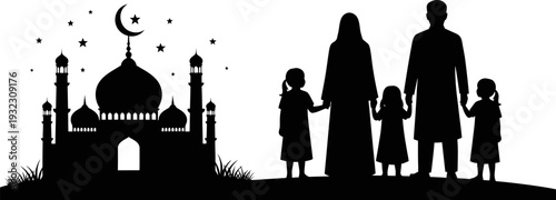Spiritual family union standing before a majestic mosque under a starry crescent moon silhouette