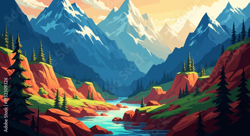 Mountain landscape with river and trees in a vibrant digital illustration.
