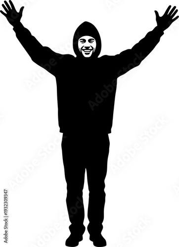 Triumphant expression of a man with arms raised in victory and a bright smile celebrating a personal or spiritual milestone in silhouette