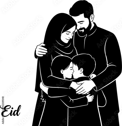 Unified love of a young family embracing together to celebrate the arrival of eid in a heartwarming and modern silhouette illustration