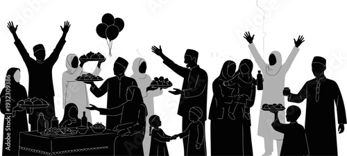 Vibrant festive gathering silhouette of a diverse group celebrating with food and joyous gestures