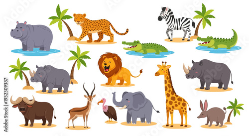 Collection of cartoon wild animals standing on small islands.