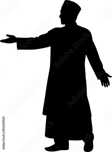 Welcoming gesture of a man in traditional robes inviting guests with open arms in a hospitable and warm silhouette