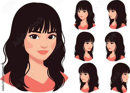 Digital illustration of woman with long wavy black hair and bangs, shown in multiple angles for character design, animation, avatar creation, and visual consistency