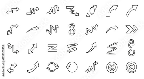 Collection of various simple line drawn arrows and circular motion icons.