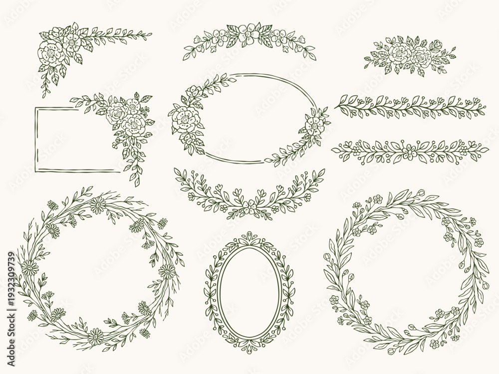 Fototapeta premium Floral whimsical hand-drawn doodle vector set with wreaths, frames and borders. Delicate botanical elements, wreaths and dividers in outline style. Decorative isolated design collection