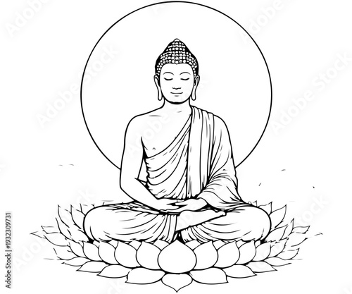 Buddha meditating with moon behind line drawing