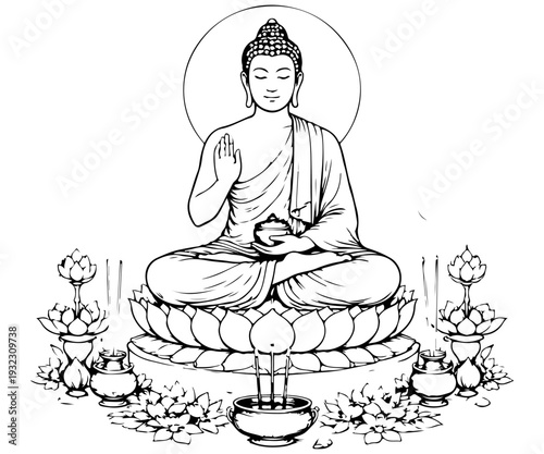 Buddha blessing devotees line drawing