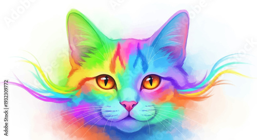 Vibrant Rainbow Colored Cat Illustration with Bright Eyes.