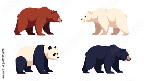 Diverse Bear Species Collection: Brown, Polar, Panda, and Black Bears in Flat Vector Style