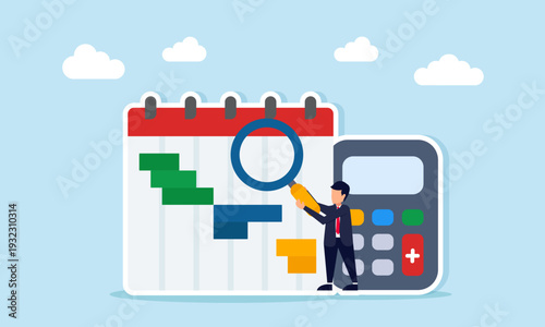 Businessman using magnifying glass to examine calendar schedule near calculator illustration of calculation and analysis in creating effective and efficient business schedule