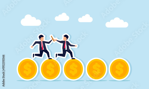 Two businessmen doing relay race on stacks of dollar coins illustration of teamwork to achieve business financial stability