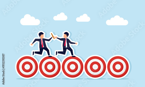Two businessmen doing relay race on target boards illustration of teamwork to achieve business targets