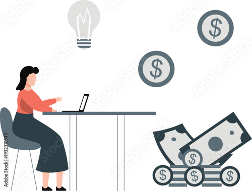 The girl is thinking about dollar money on laptop