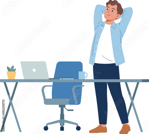 Young professional stretching at desk in modern workspace, relaxed office worker taking break from computer work, promoting healthy posture, productivity, stress relief, and work life balance