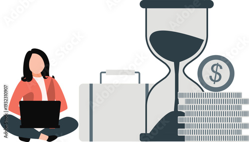  The girl is sitting near dollar bag and sand glass