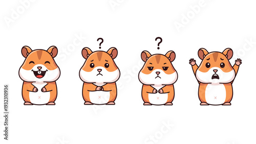 Cute Cartoon Hamster Emotional Expressions Set: Happy, Confused, Annoyed, and Scared Pet Characters