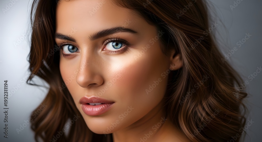 Fototapeta premium A stunning portrait of a woman with striking blue eyes and wavy brown hair in soft lighting